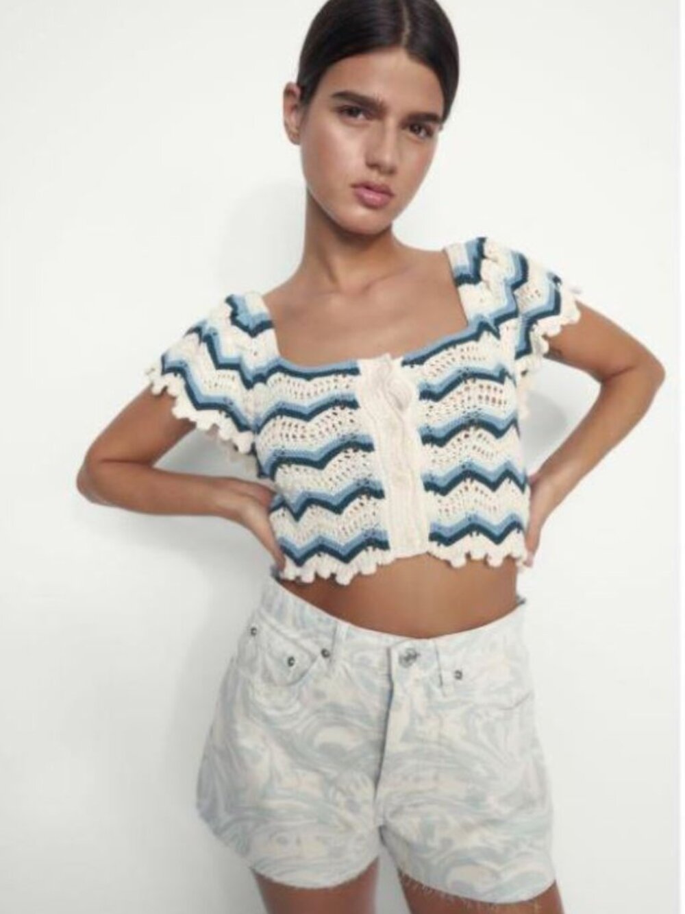 Zara Chevron Crochet Crop Button Down Top, Size L